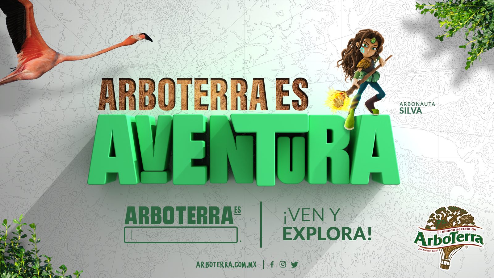 Discarded route: mascots and 3D letters reading Arboterra es Aventura on white