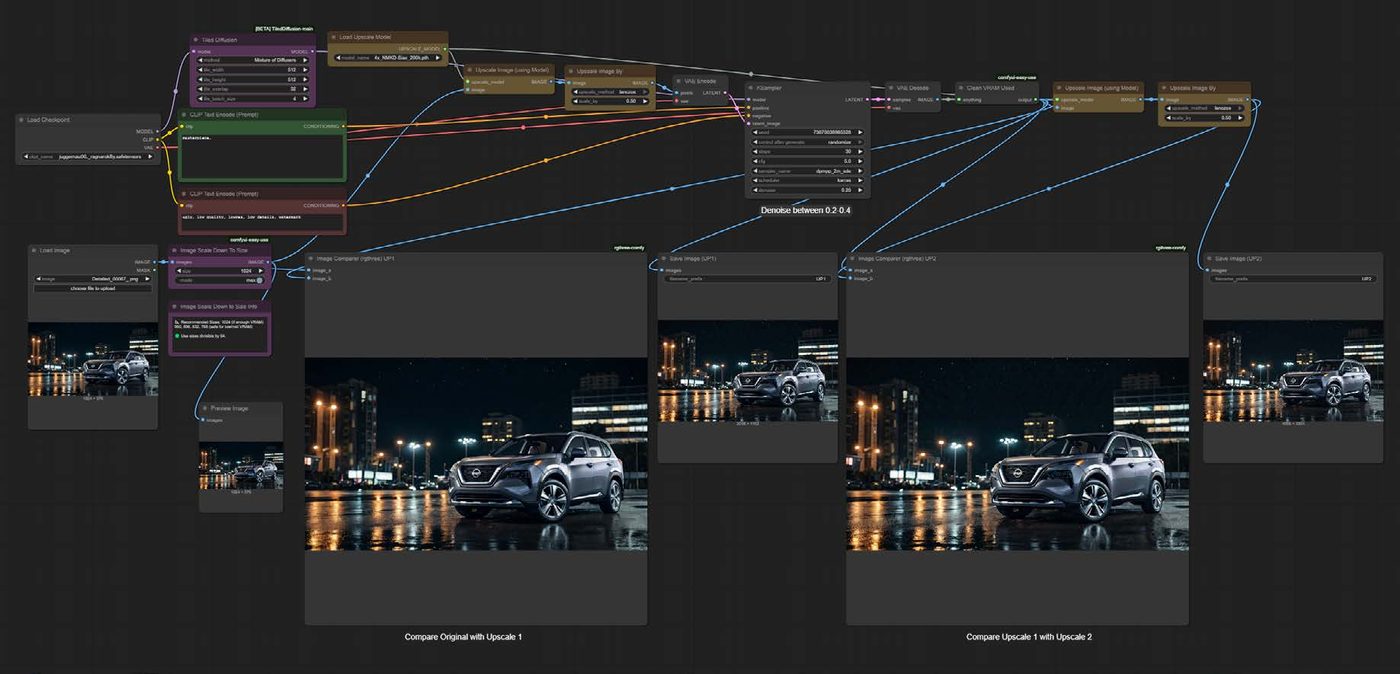 A second workflow upscales the image and recovers detail.