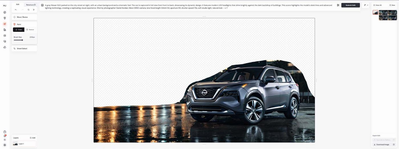 In Midjourney’s editor, the weak background was removed and a new one generated around the car.